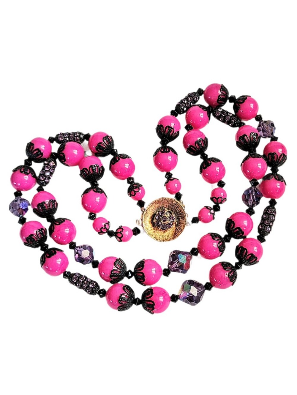🆕 Vintage 2 Strand Fuchsia Pink Purple Black Crystal Rhinestone Necklace RARE